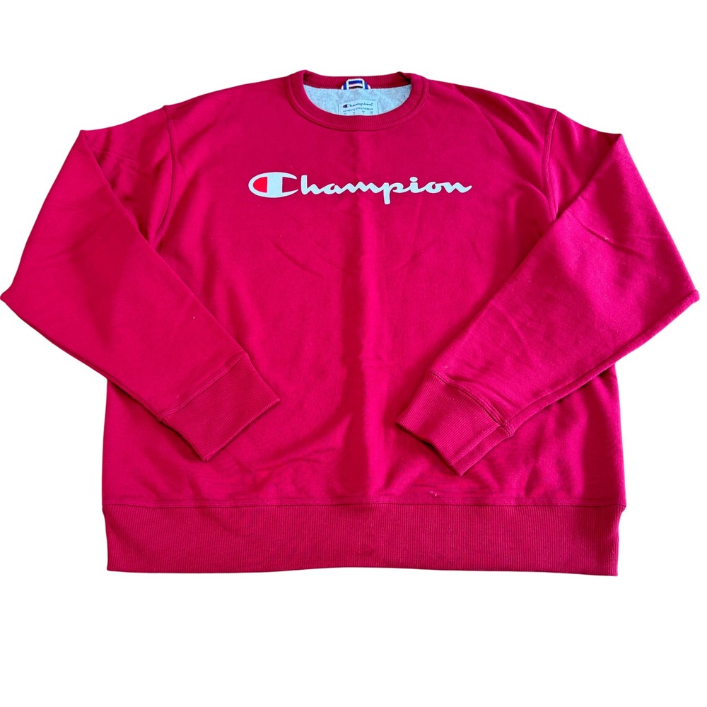 Champion Men's Red Script Logo Crewneck Cotton Sweatshirt GF88H Size Large